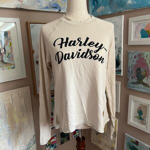 Harley‎ Davidson Cream Script Logo Long Sleeve Top M Biker Chic Soft Grunge